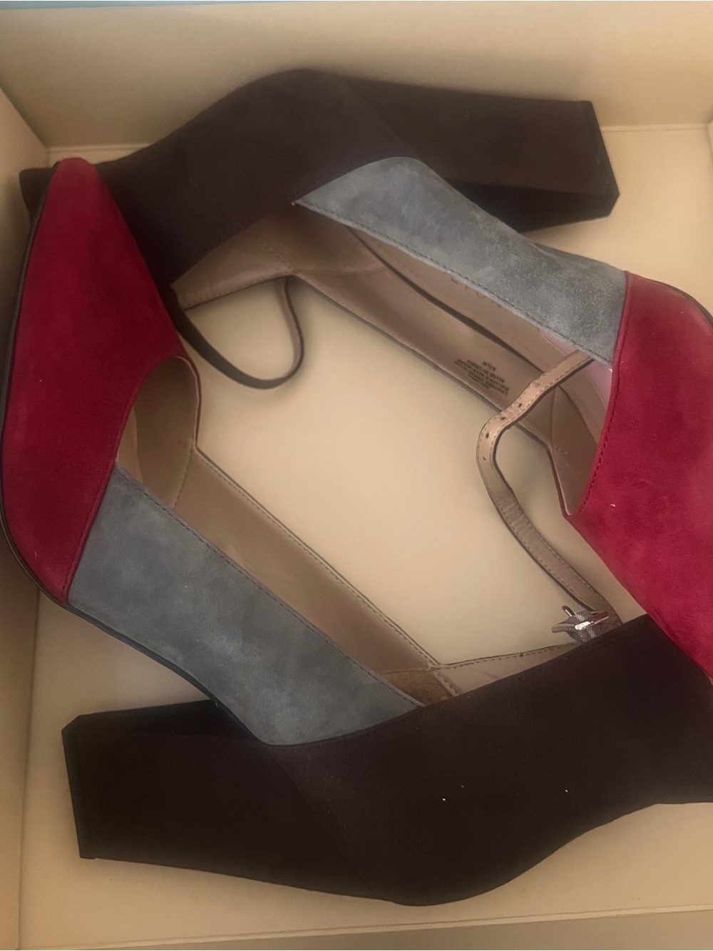 Paris Hilton Colorblock Suede Block Heel Pumps — Red, Gray, Brown